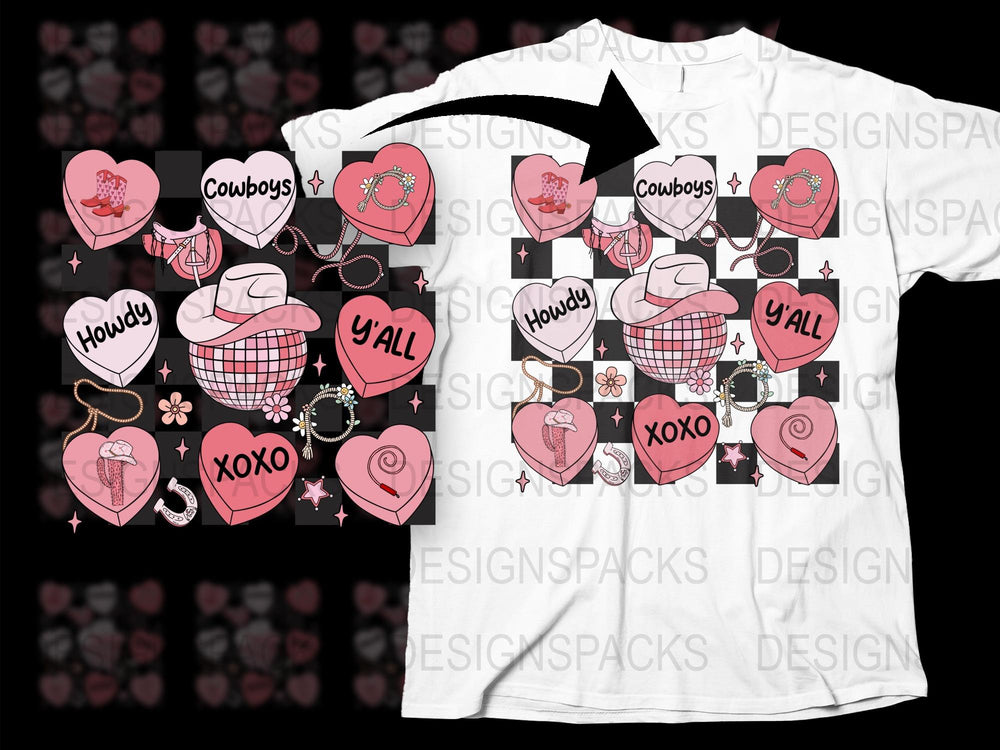 Cowboys Western Valentine Theme T-Shirt, Heart and Hat Design, Howdy Y'all XOXO, Casual Wear
