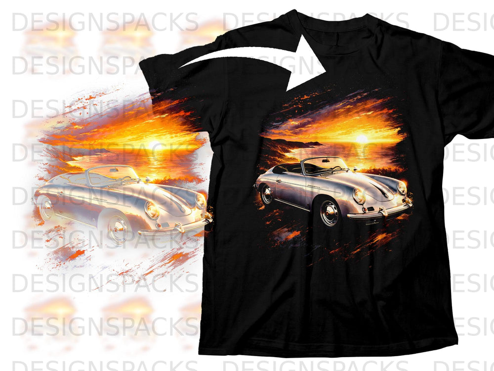 Black t-shirt with graphic of a silver convertible car at sunset.