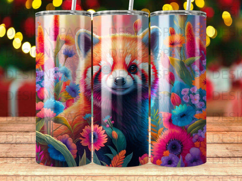 Red panda surrounded by vibrant, colorful flowers and foliage.