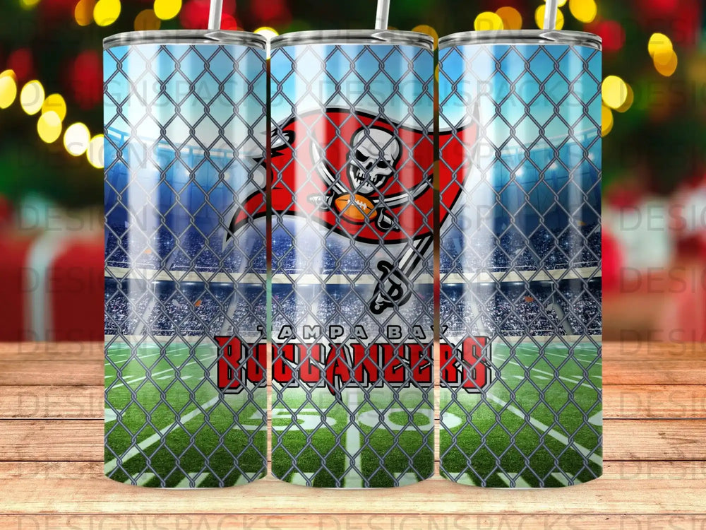 Tampa Bay Buccaneers logo with stadium background and chain-link fence.