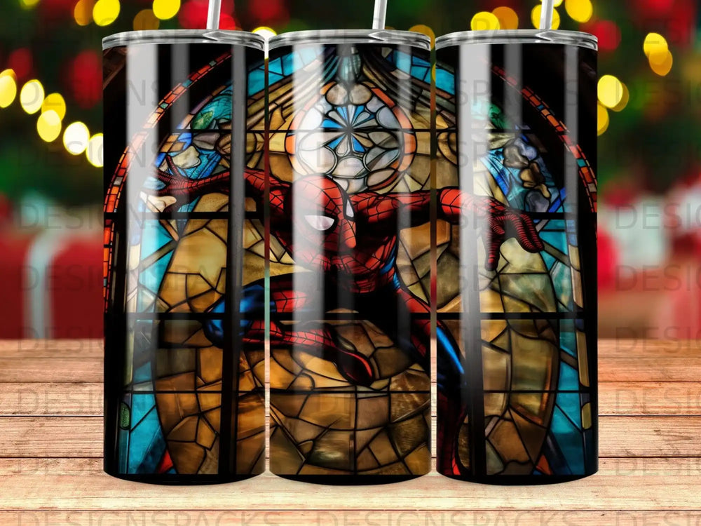 Spiderman against a stained glass background with holiday lights.