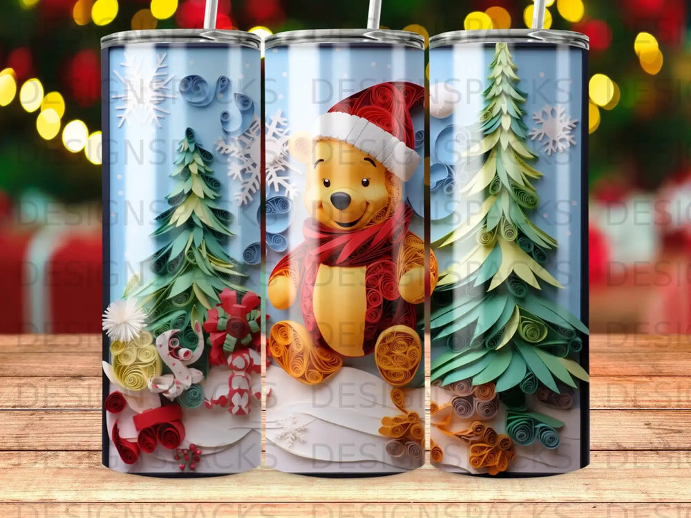 Winnie the Pooh in Santa hat with gifts and trees, papercraft style.