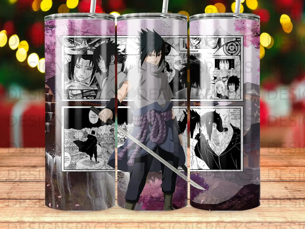 Sasuke Uchiha standing in front of manga panels and cherry blossoms.