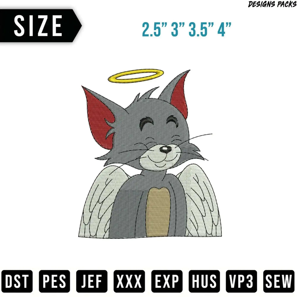 Cartoon cat with halo and wings, embroidered design, sizes 2.5" to 4".