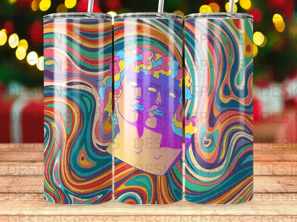 Abstract colorful wavy background with a profile bust of a classical sculpture.