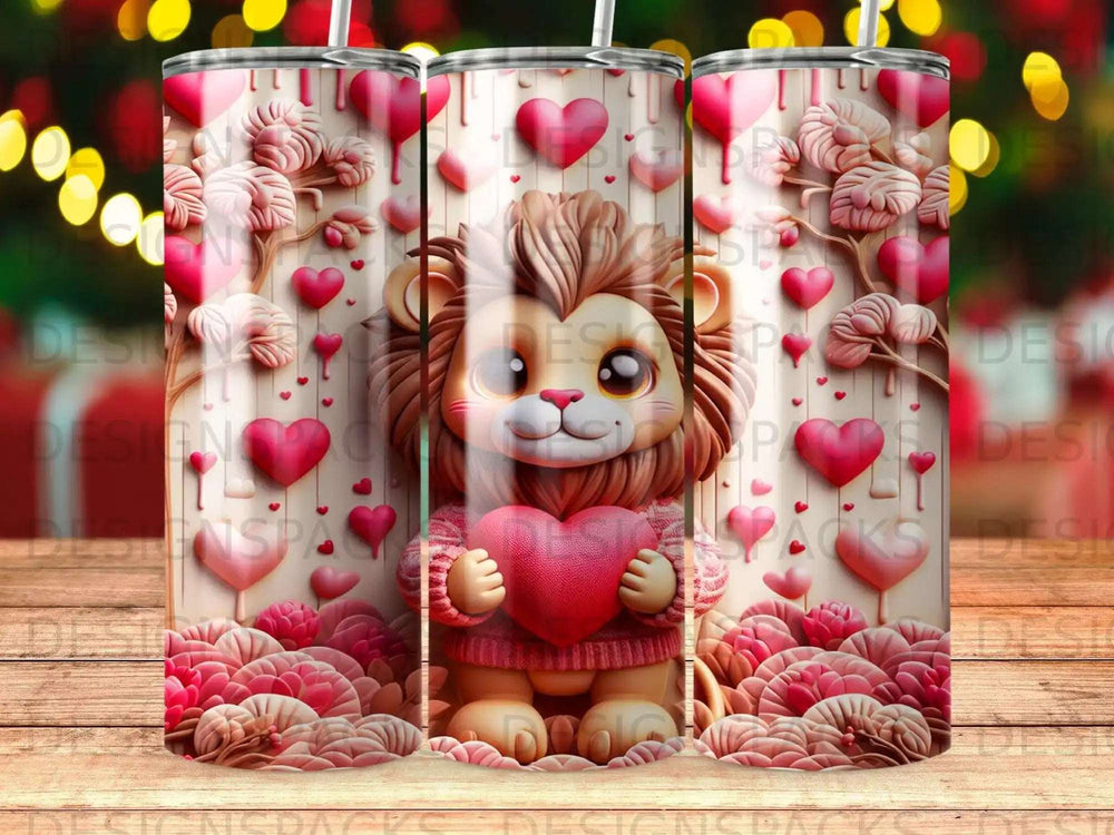 Lion holding heart, surrounded by pink hearts and rose bushes.