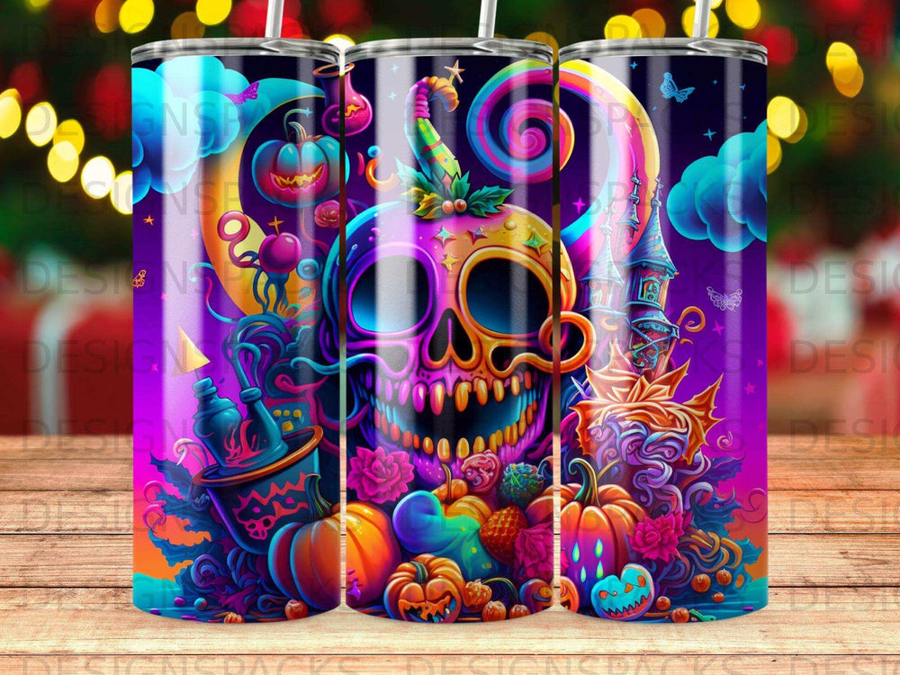 Colorful Halloween skull with pumpkins, castle, and whimsical swirls.