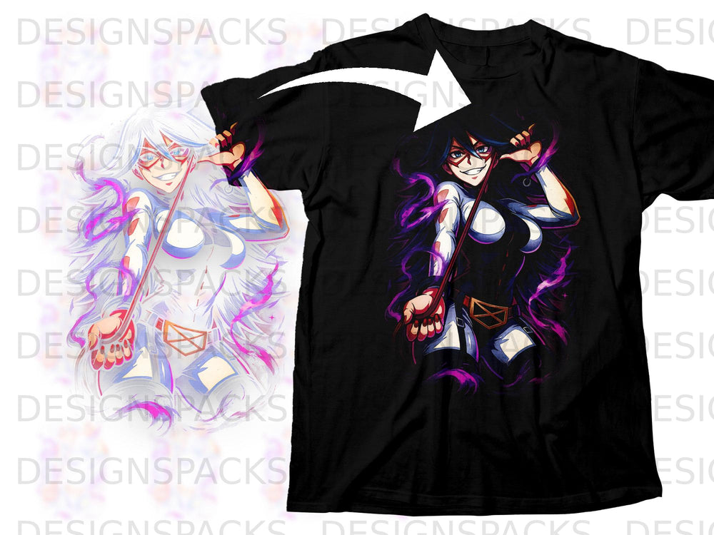 Anime character Midnight with purple accents on a black t-shirt.