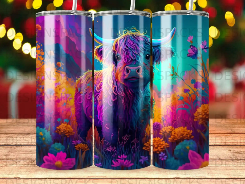 Colorful highland cow illustration with flowers and butterflies on a patterned tumbler.