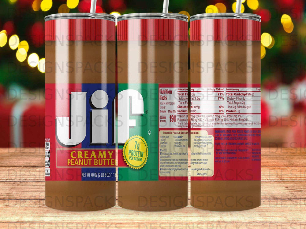 Jif Creamy Peanut Butter jar with nutritional information and cookie recipe.