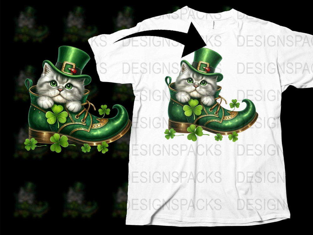 St. Patrick's Day T-Shirt, Cute Cat in Leprechaun Hat, Lucky Clover Print, Irish Celebration Tee, Unisex White Shirt