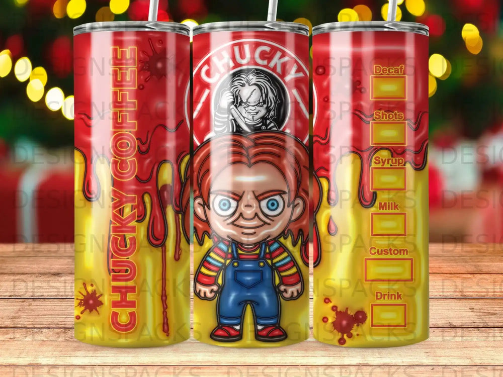 Chucky character on a red tumbler with drink recipe labels.