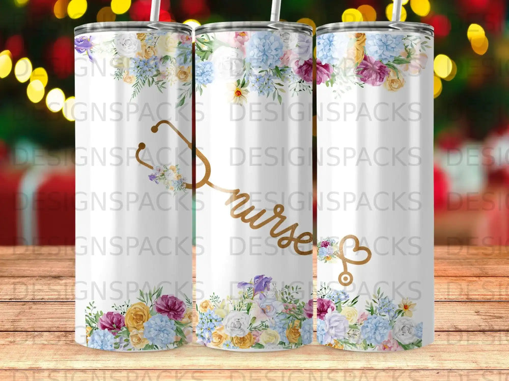 Tumbler with floral pattern and stethoscope, "nurse" text.