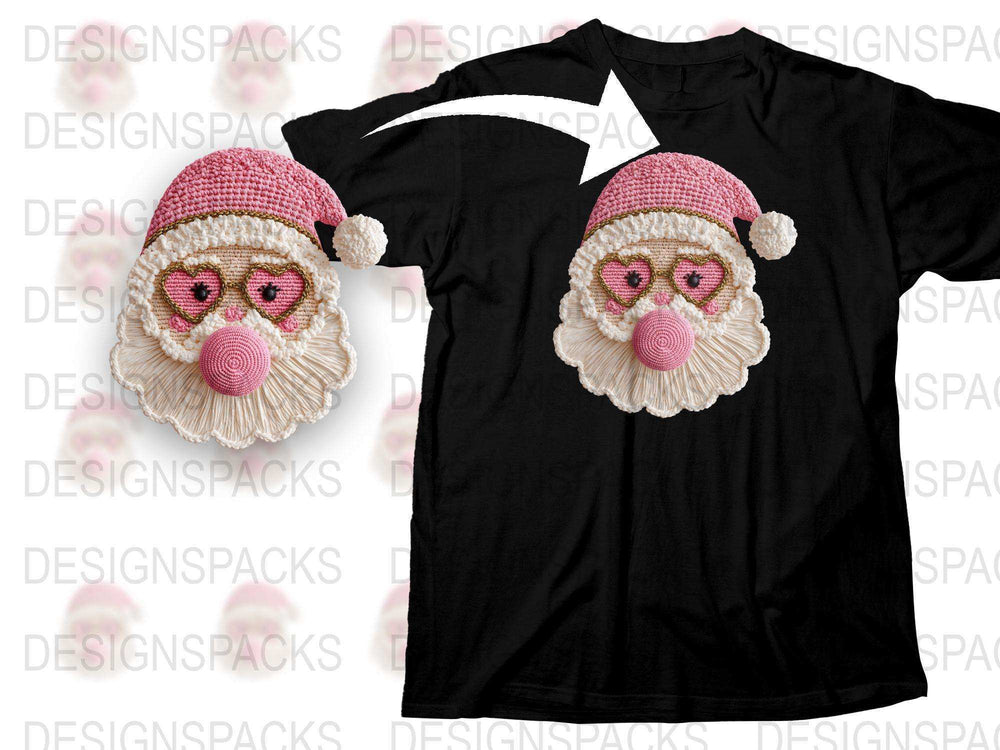 Santa Claus Face Crochet Design T-Shirt, Festive Christmas Holiday Apparel, Unisex Black Tee