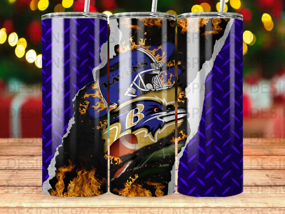 Baltimore Ravens logo with flames and torn metal on a tumbler.