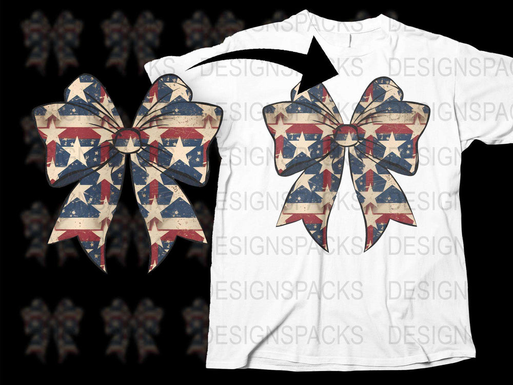 Patriotic Bow Shirt, American Flag Print, Distressed Vintage Style, Red White Blue, Unisex T-Shirt for Independence Day Celebrations