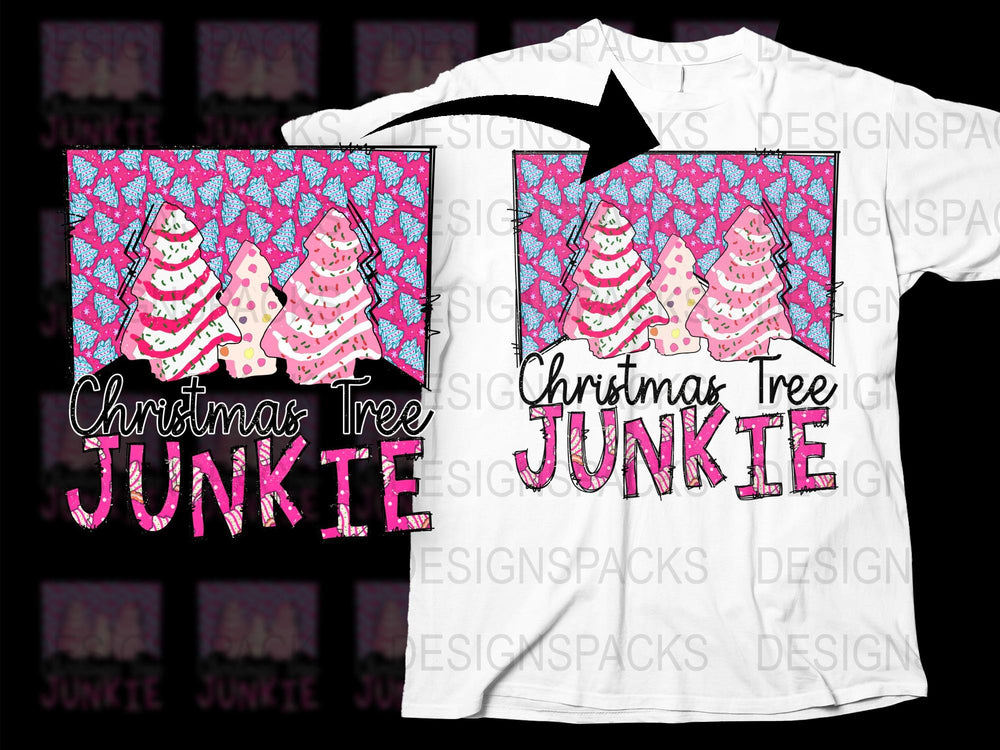 Christmas Tree Junkie T-Shirt, Pink Glitter Holiday Graphic Tee, Festive Winter Apparel for Women