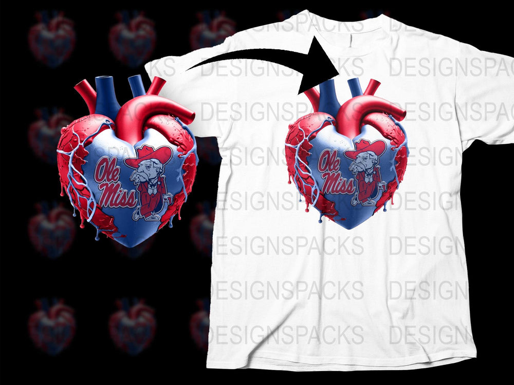 Ole Miss Heart Design T-Shirt, College Sports Graphic Tee, Patriotic Americana Apparel