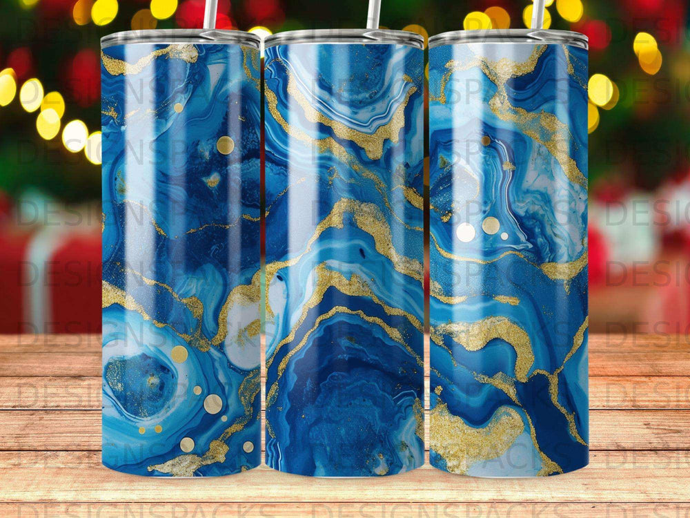 Blue and gold marbled tumbler with a glossy finish.