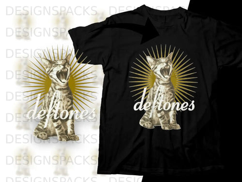 Black t-shirt with a distressed graphic of a shouting cat and the Deftones logo.