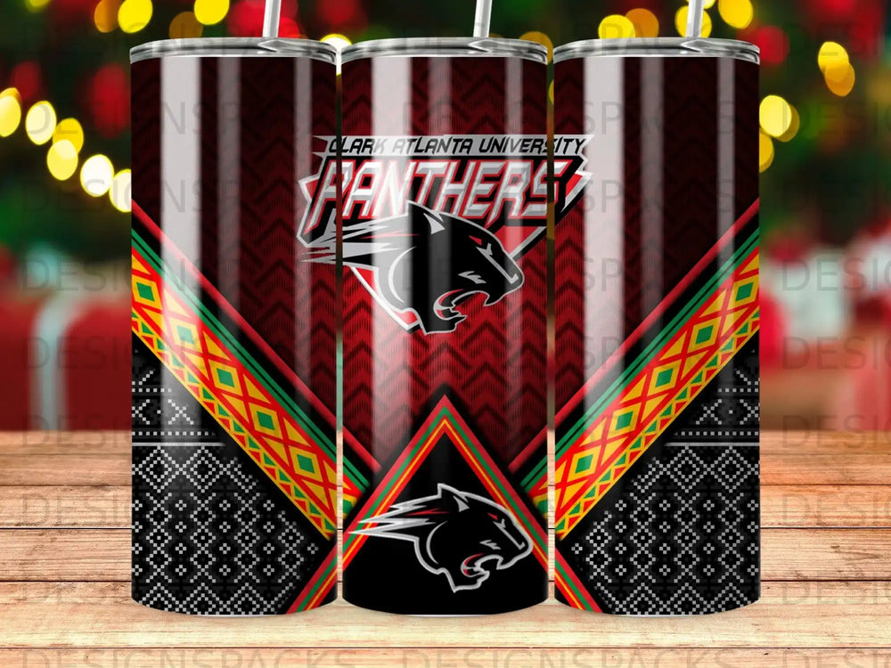 Clark Atlanta University Panthers tumbler with black, red, and green geometric patterns.