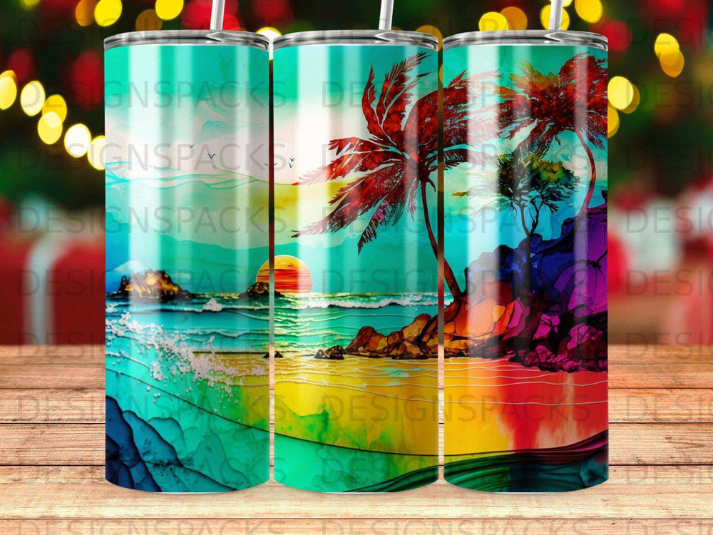 Sunset beach scene with palm trees on a patterned tumbler.