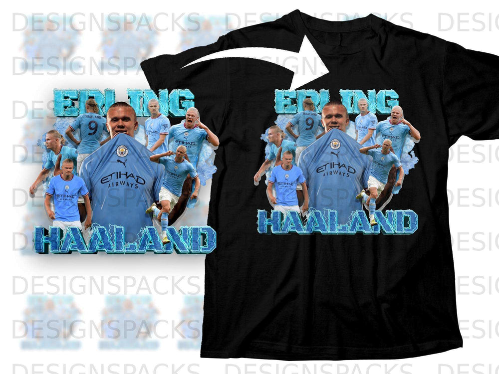 Manchester City Erling Haaland #9 t-shirt with Etihad Airways sponsor.