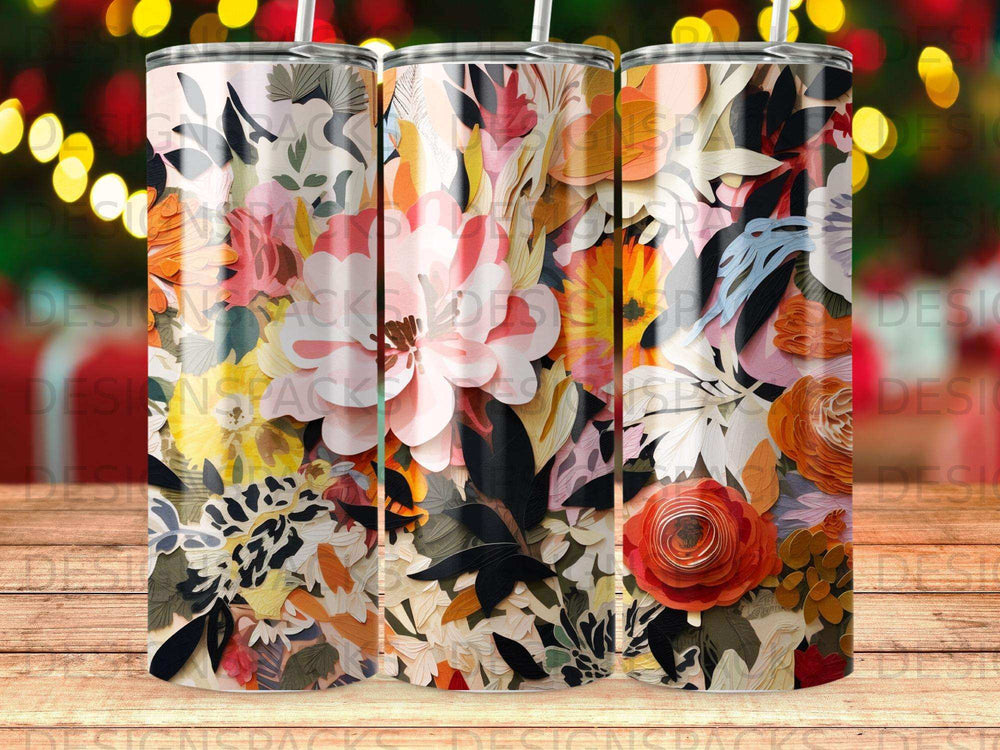 Floral pattern tumbler with a bokeh background of lights.
