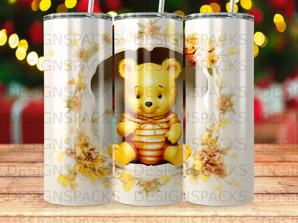 Yellow teddy bear wearing striped shirt, sitting in decorative frame with flowers.