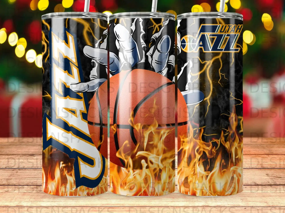 Utah Jazz basketball tumbler with lightning and flames design.