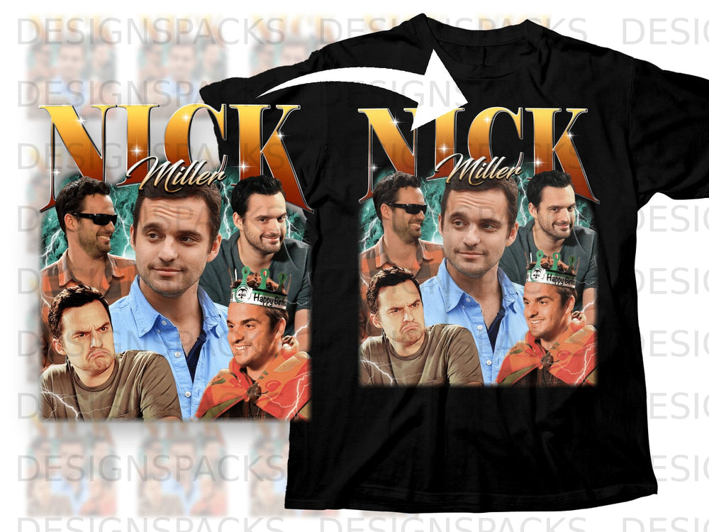 Black t-shirt featuring "Nick Miller" in large gold letters and four images of the actor.