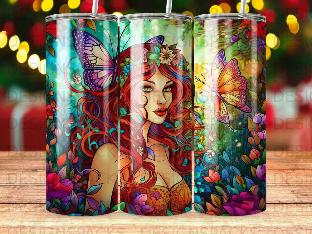Tumbler with vibrant artwork of a woman with flowers and butterflies in her hair.