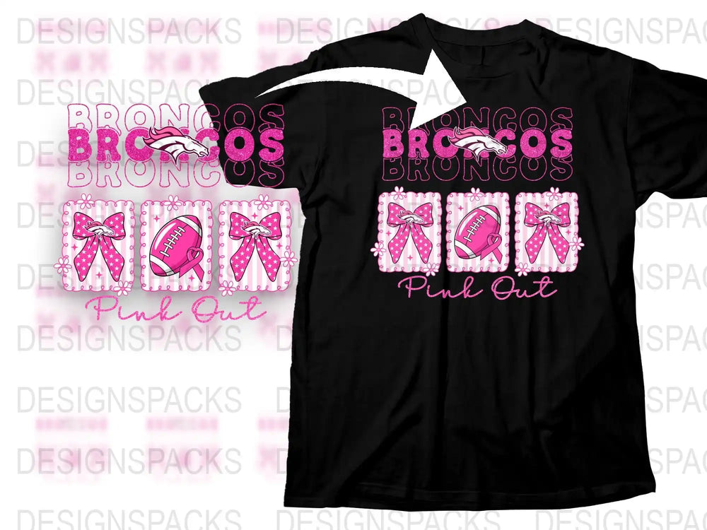 Pink Out Broncos Fan T-Shirt, Women's Black Tee, Graphic Football Season Apparel