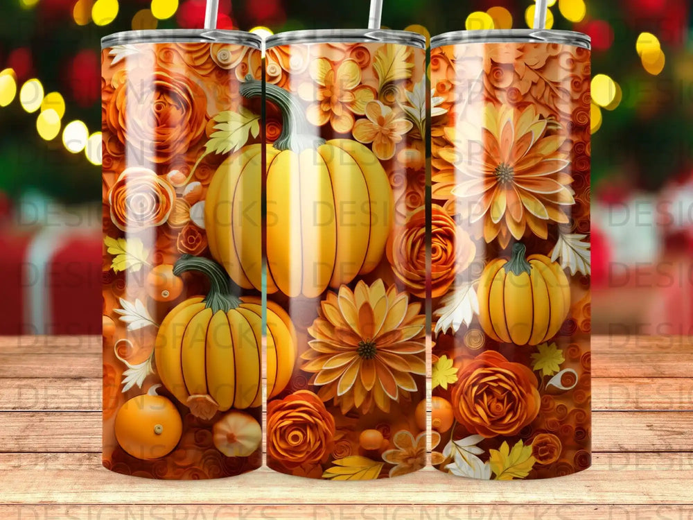 Tumbler with pumpkins, autumn leaves, and floral designs.