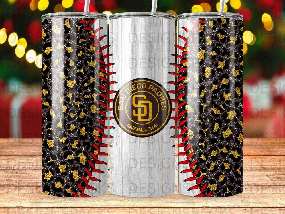 San Diego Padres baseball club logo on a tumbler with a baseball stitch pattern.