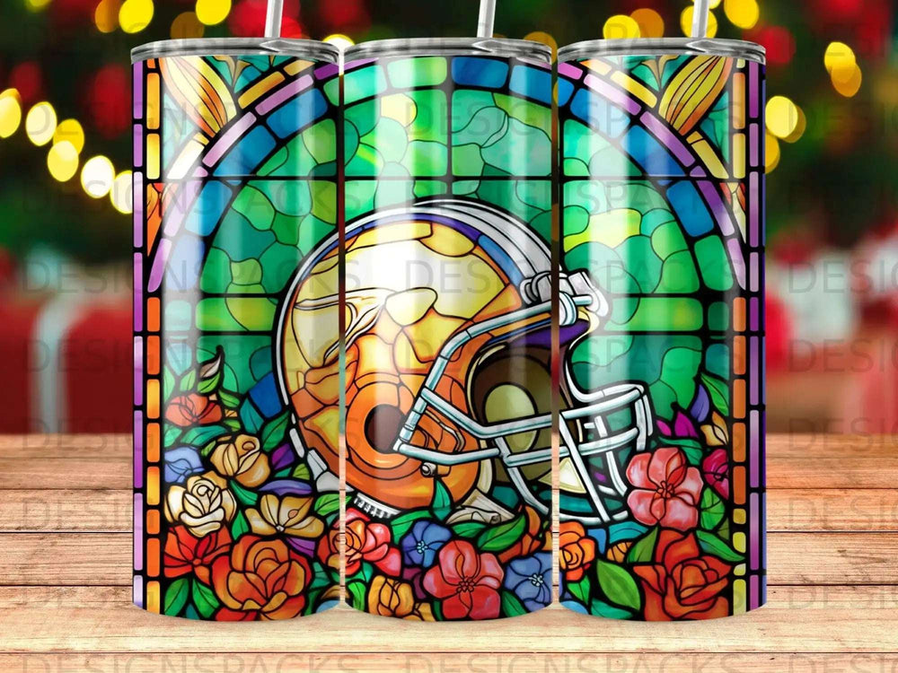 Cleveland Browns helmet with stained glass and floral border.