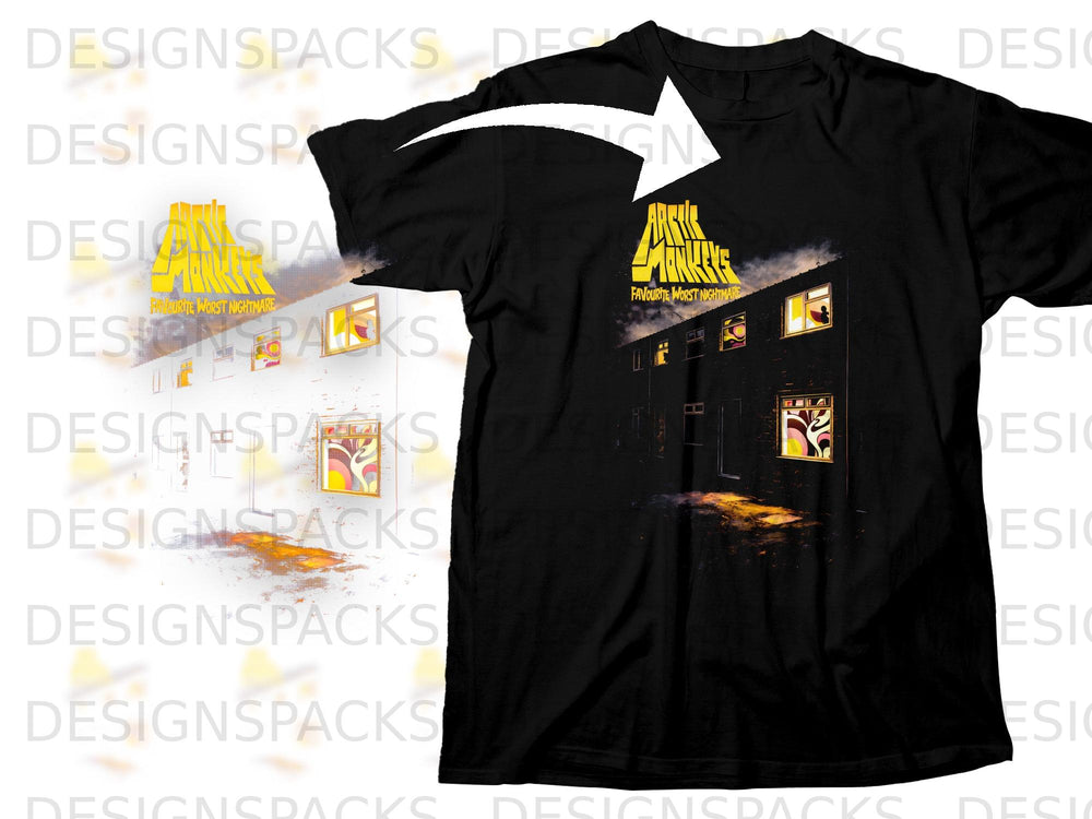 Black t-shirt with Arctic Monkeys' "Favourite Worst Nightmare" album cover graphic.