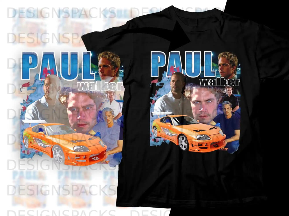 Paul Walker and orange sports car graphic t-shirt.