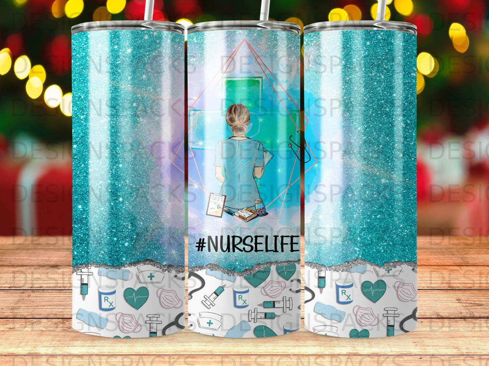 Tumbler with turquoise glitter, medical icons, and "#NURSELIFE" text.