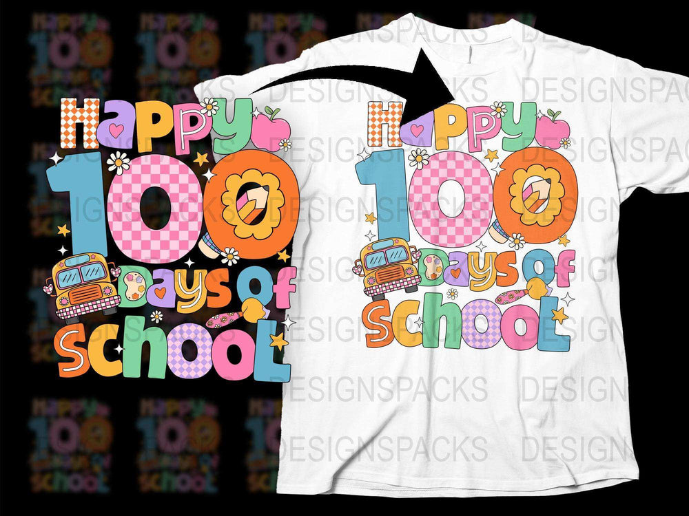 Colorful 100 Days of School T-Shirt, Happy Celebration Kids Tee, Teacher Gift, Fun School Bus and Flowers Graphic Design Shirt