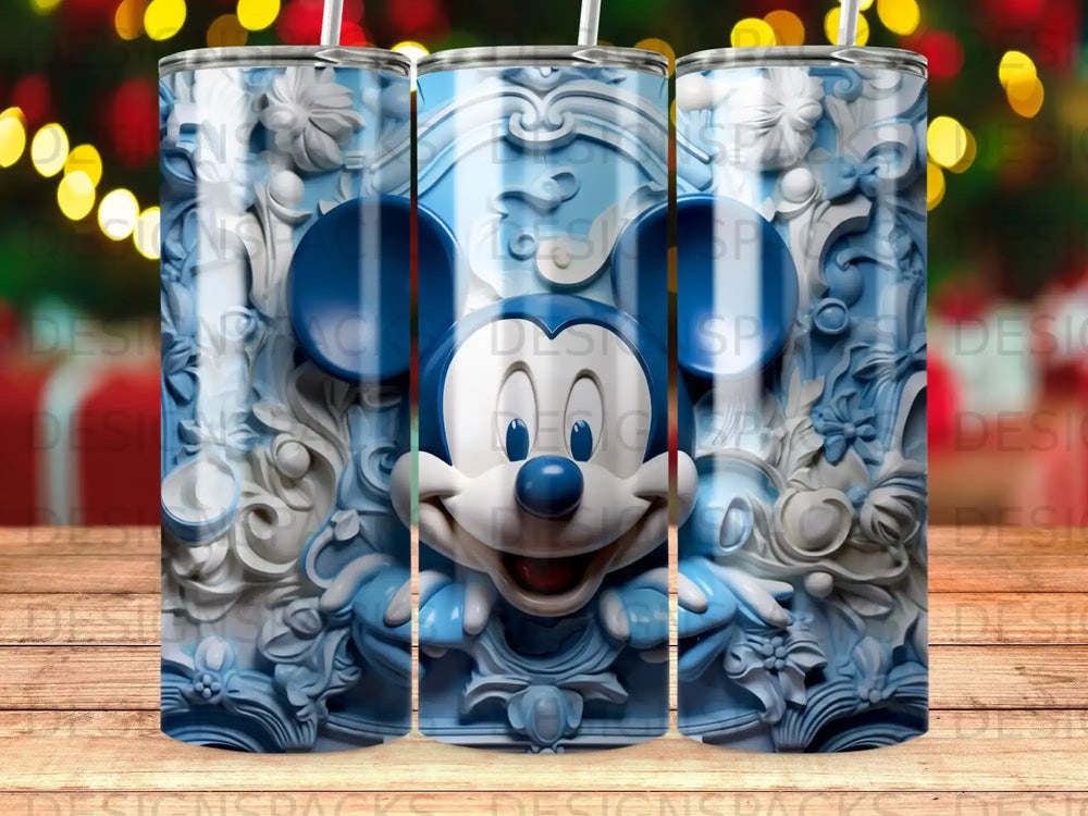 Mickey Mouse in ornate blue and white relief, repeated across three tumblers.