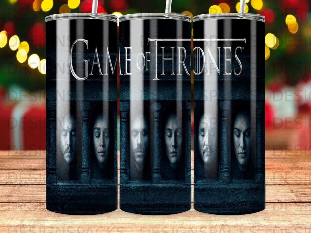 Game of Thrones tumbler with faces in dark, shadowed frames.