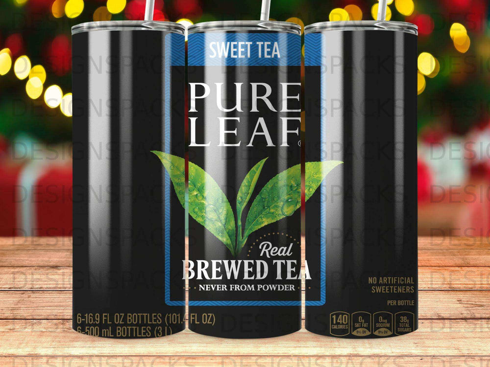 Pure Leaf Sweet Tea with two leaves on a dark background, text notes.