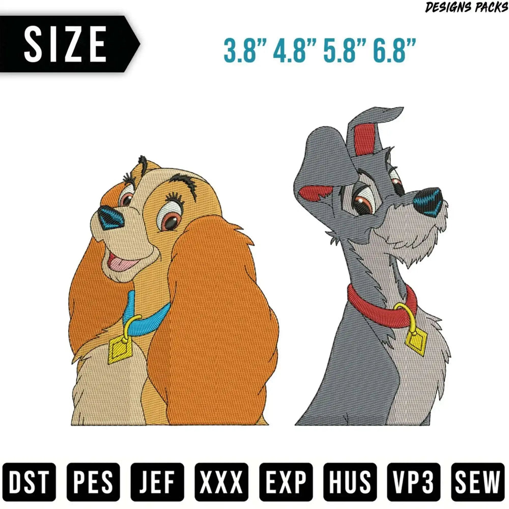 Embroidery designs of Lady and the Tramp dogs with size and file format options.