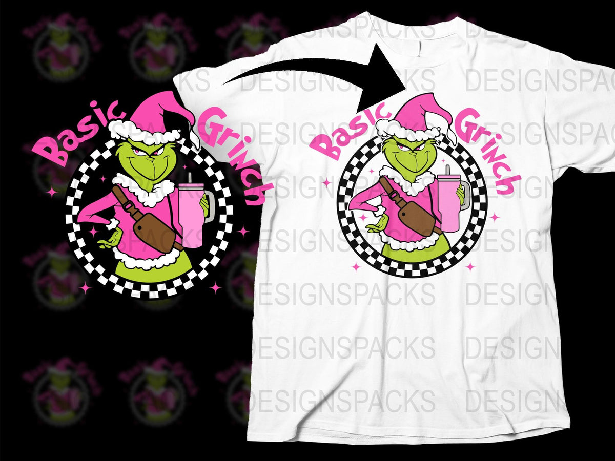 Funky Grinch T-Shirt Checkered Background Pink Basic Text Cartoon Graphic Tee