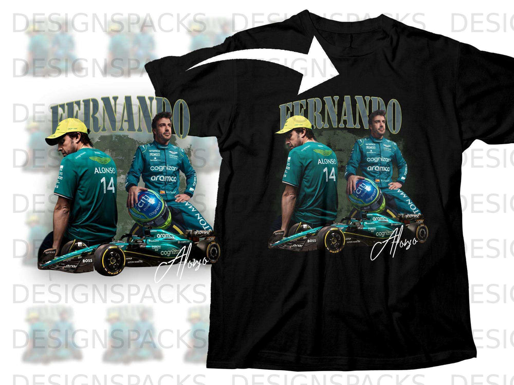 Fernando Alonso Aston Martin F1 team t-shirt with large graphic.