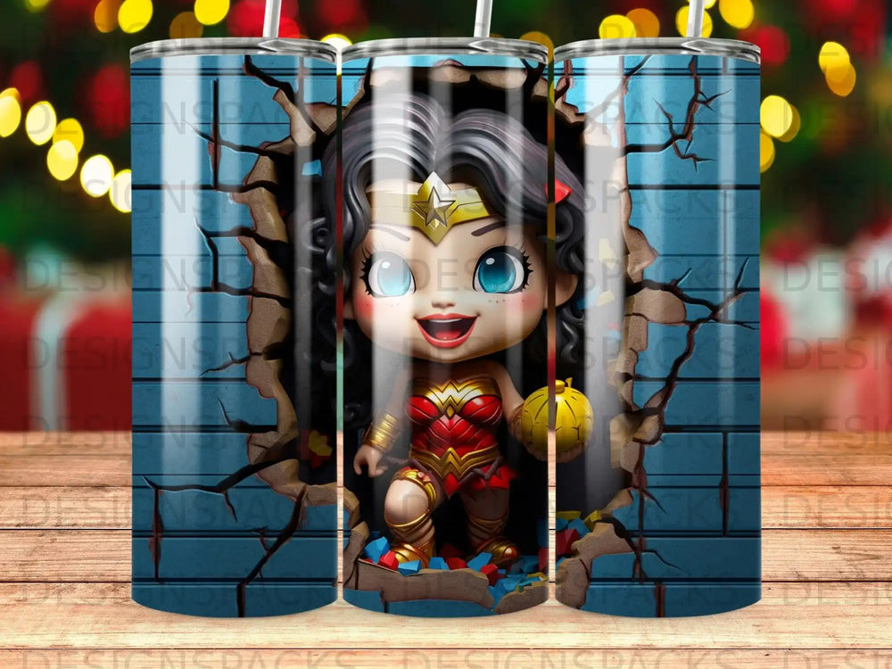 Wonder Woman bursts through a brick wall, holding the Lasso of Truth.