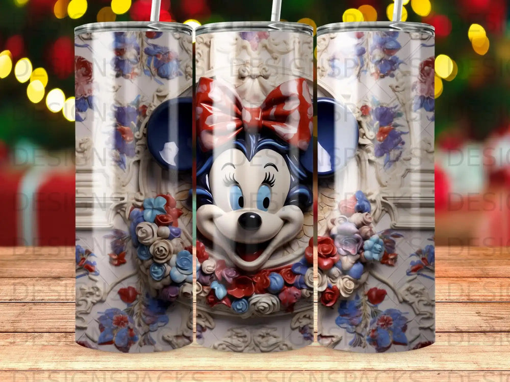 Minnie Mouse head with red bow and floral garland on a tumbler.