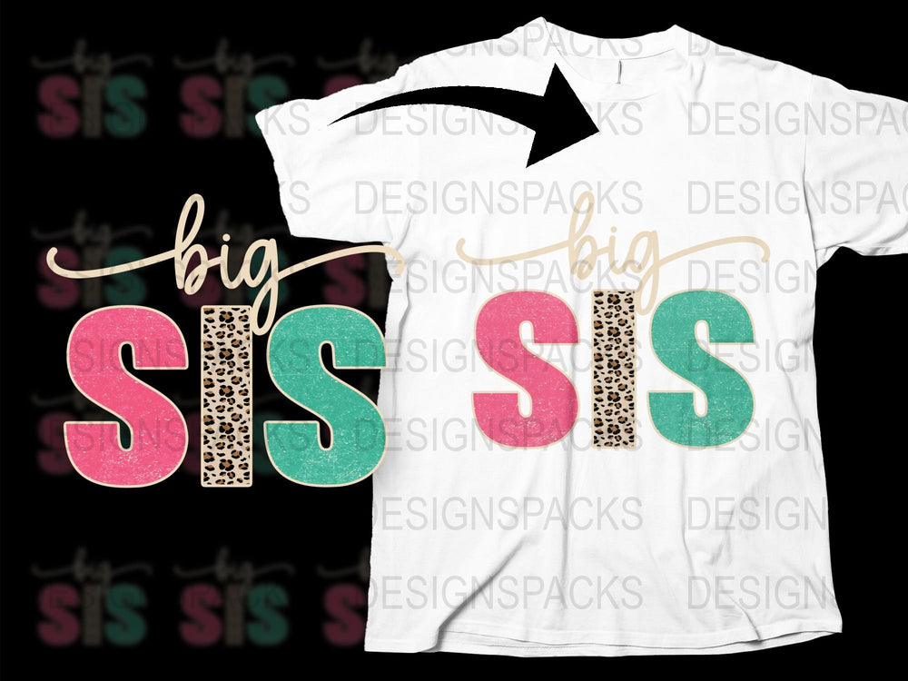 Big Sis T-Shirt, Leopard Print, Teal Glitter Design, Trendy Family Sibling Announcement Tee