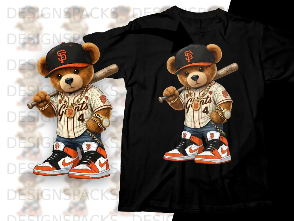 Bear wearing Giants jersey, gold chain, holding baseball bat, sneakers.